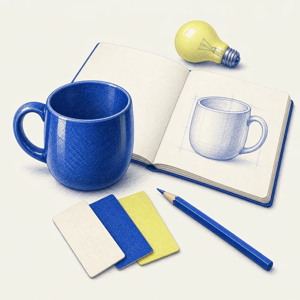 A blue ceramic mug, a product sketch, material swatches, and a yellow lightbulb.