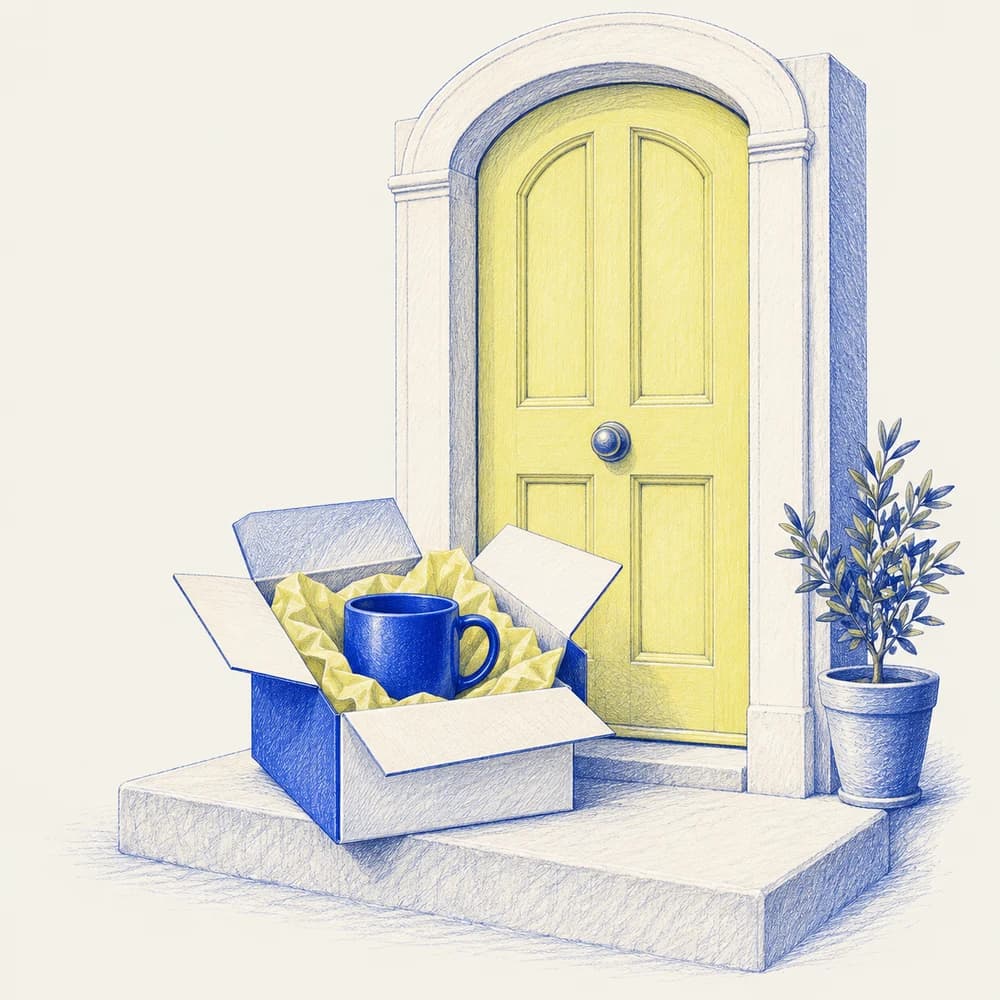 A blue ceramic mug packed in a carton on a doorstep beside a yellow front door.