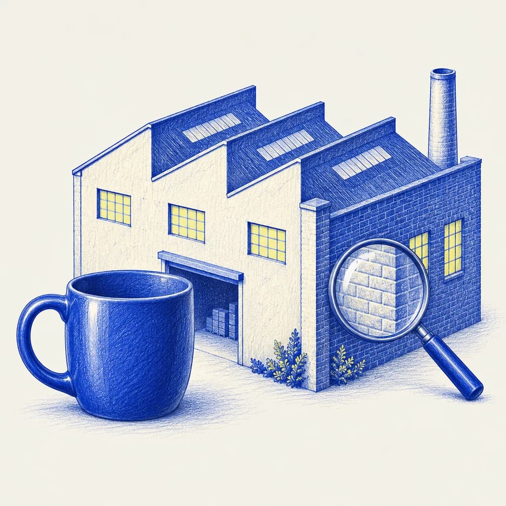 A blue pencil illustration of a factory, a ceramic sample, and a magnifying glass.
