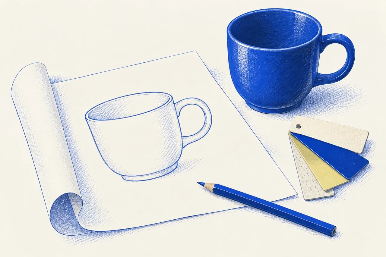 A product sketch becomes a ceramic cup, alongside material swatches and a pencil.