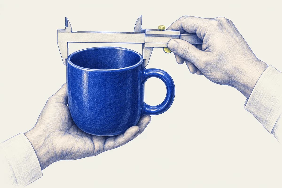 Hands carefully measuring the rim of a blue ceramic sample with a caliper.